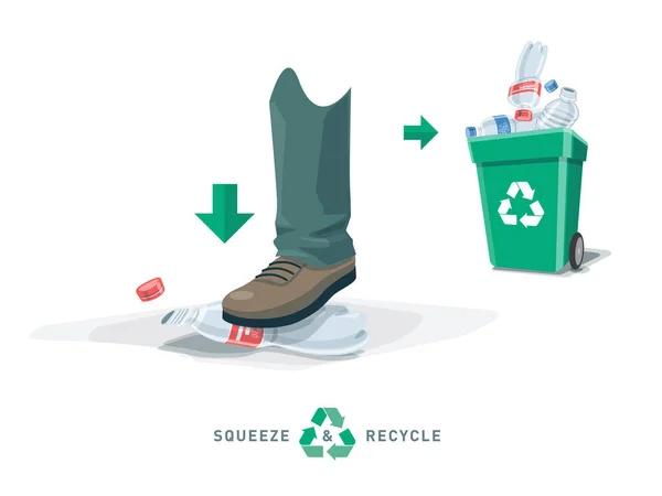 Bouteille en plastique vide de pression de pied avec la poubelle de recyclage — Image vectorielle