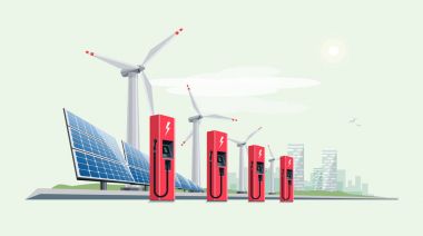 Güneş panelleri ve rüzgar türbini için elektrikli araç şarj istasyonu
