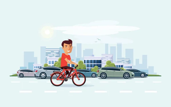 Homem de bicicleta na rua com City Skyline Background —  Vetores de Stock