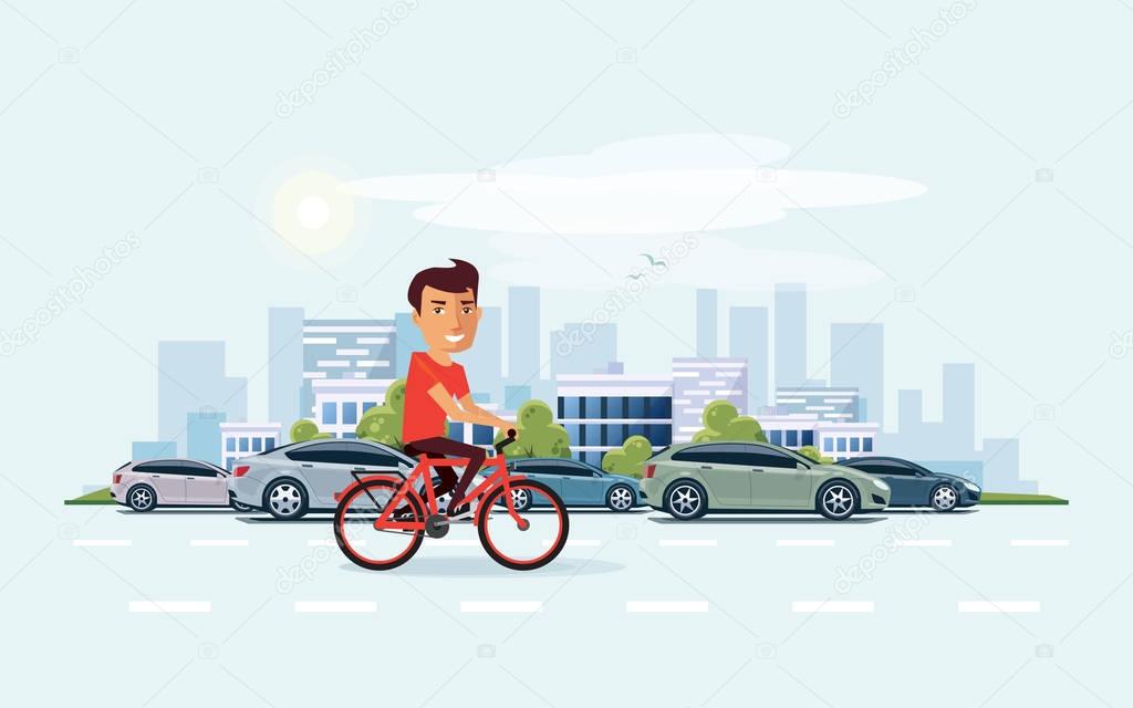 Man on Bicycle on the street with City Skyline Background