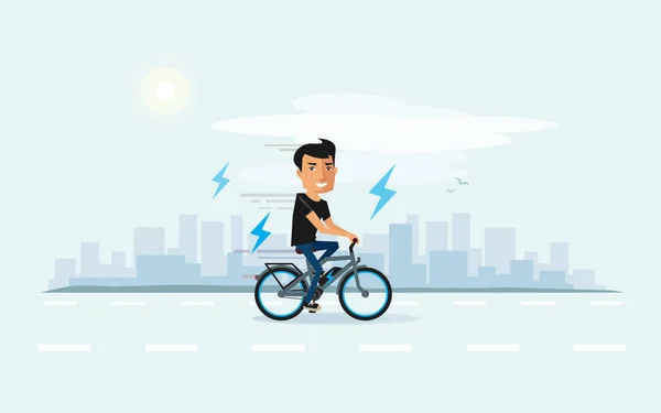 Χαμογελαστός άνθρωπος στον ηλεκτρικό ποδήλατο με φόντο πόλη στον ορίζοντα — Διανυσματικό Αρχείο
