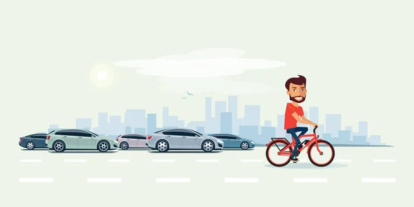 Man op elektrische fiets op straat met auto's achter — Stockvector