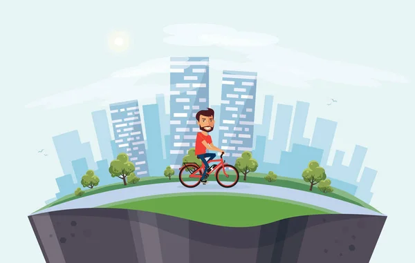 Людина на електричний велосипед на вулиці з міста Skyline фону як — стоковий вектор