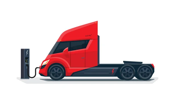 Μοντέρνα φουτουριστική ηλεκτρικό ημι φορτηγό φόρτισης σε φορτιστή Ηνωμένες — Διανυσματικό Αρχείο