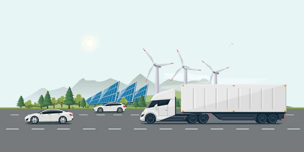 Paysage urbain Route de rue avec voitures électriques et semi-camion — Image vectorielle