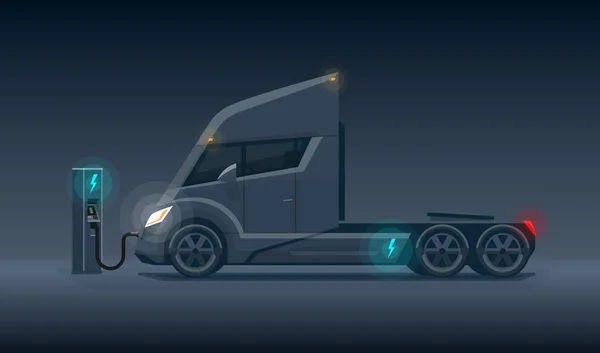 Donkere moderne futuristische elektrische Semi vrachtwagen opladen op lader S — Stockvector