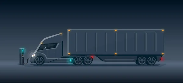 Nowoczesne futurystyczne ciemny elektryczny Semi ciężarówka z przyczepą ładowania — Wektor stockowy