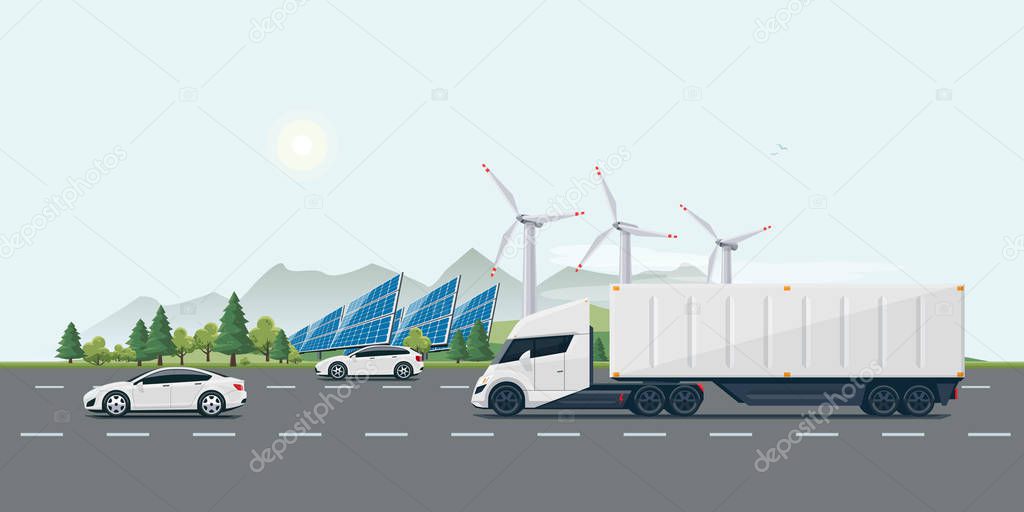 Urban Landscape Street Road with Electric Cars and Semi Truck