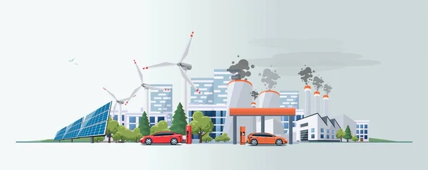 Carro elétrico versus fonte de energia de combustíveis fósseis —  Vetores de Stock