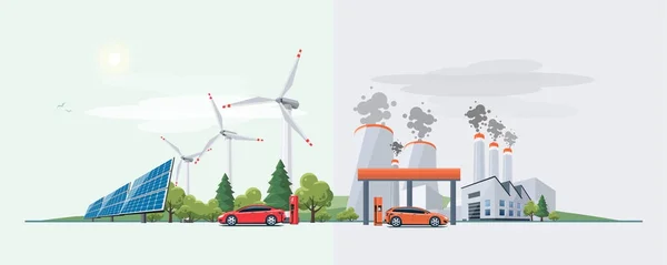 Coche eléctrico versus fuente de energía de combustibles fósiles — Archivo Imágenes Vectoriales