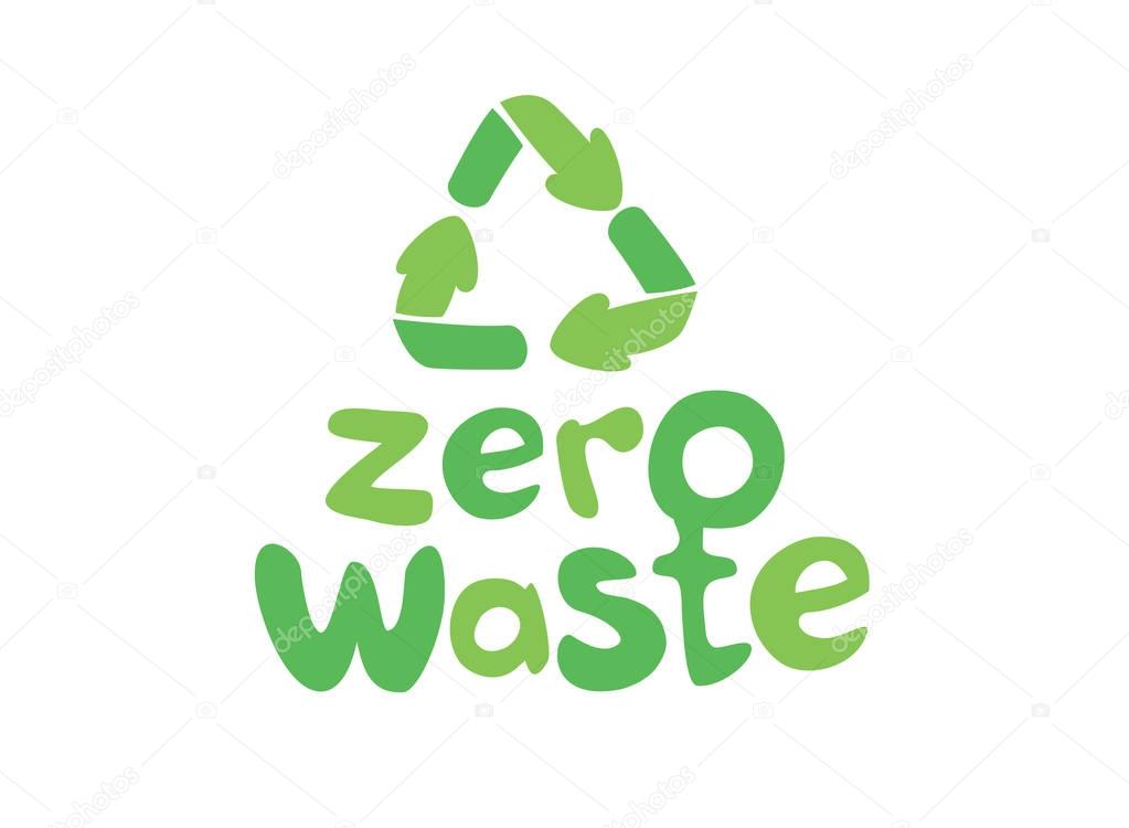Zero waste handwritten text with green recycling sign isolated on white background. Zero landfill concept illustration in cartoon style.