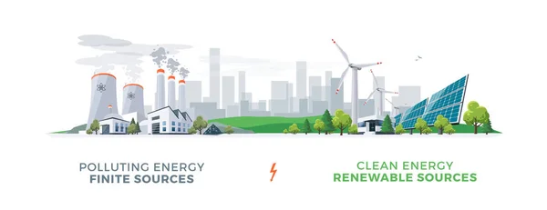 Estações de energia limpa e poluente — Vetor de Stock