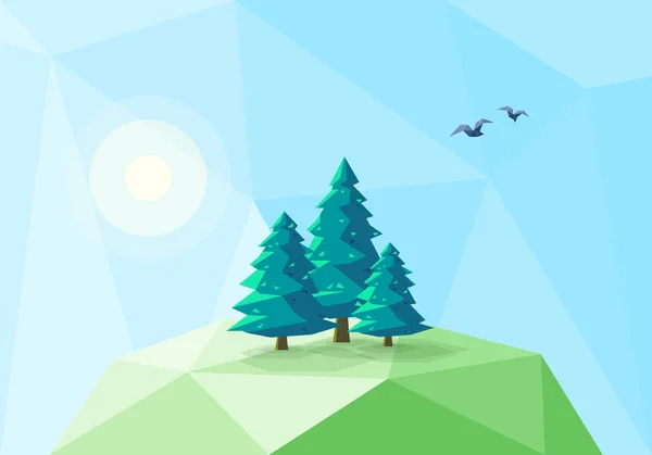 Stylized Low Poly Landscape with Conifer Trees — Stock Vector