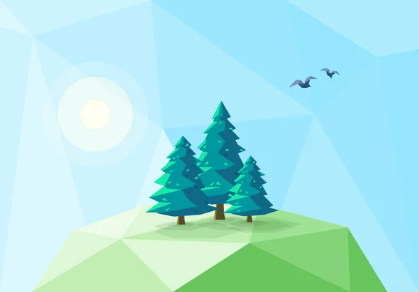 Paisaje polivinílico bajo estilizado con árboles de coníferas — Vector de stock