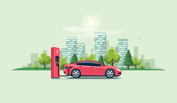 Electric Car Charging at the Charging Station with City — Stock Vector