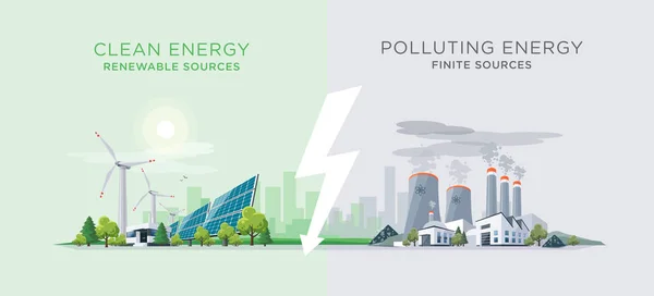 Comparación de las centrales eléctricas limpias y contaminantes — Vector de stock