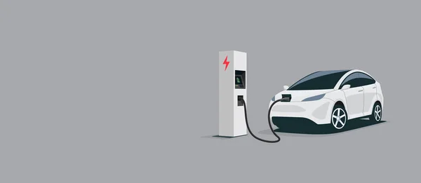 Vector illustration of a smart luxury white electric plug car charging at the electro charger station. Car battery getting fast recharged. Clean e-mobility illustration isolated on grey background. — Stock Vector