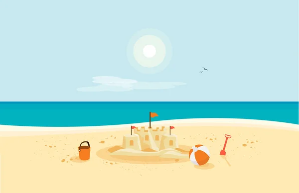 Lonely sand castle on sandy beach with blue sea ocean water and coast line clear summer sunny sky in background. Kid toys left on sand on holiday. Minimalist cartoon style flat vector illustration. — Stock Vector