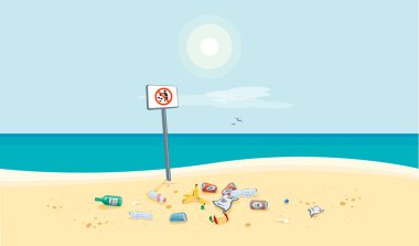 Dirty beach pollution sea view with no littering waste sign. Garbage and trash on the sand beach. Plastic garbage disposed improperly throwing away on the ground. Rubbish fallen near ocean water. clipart