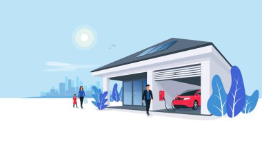 Akıllı ev garaj garaj şarj istasyonunda elektrikli araba parkı şarj ediliyor. Arka planda güneş panelleri ve şehir silueti olan yenilenebilir enerji deposu. Vektör illüstrasyonu. 