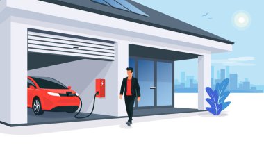 Akıllı ev garaj garaj şarj istasyonunda elektrikli araba parkı şarj ediliyor. Arka planda güneş panelleri ve şehir silueti olan yenilenebilir enerji deposu. Vektör illüstrasyonu. 