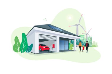 Akıllı ev garaj garaj şarj istasyonunda elektrikli araba parkı şarj ediliyor. Yenilenebilir enerji güneş panelleri ve rüzgar türbinleri arka planda şehrin ufuk çizgisini oluşturuyor. Vektör illüstrasyonu. 