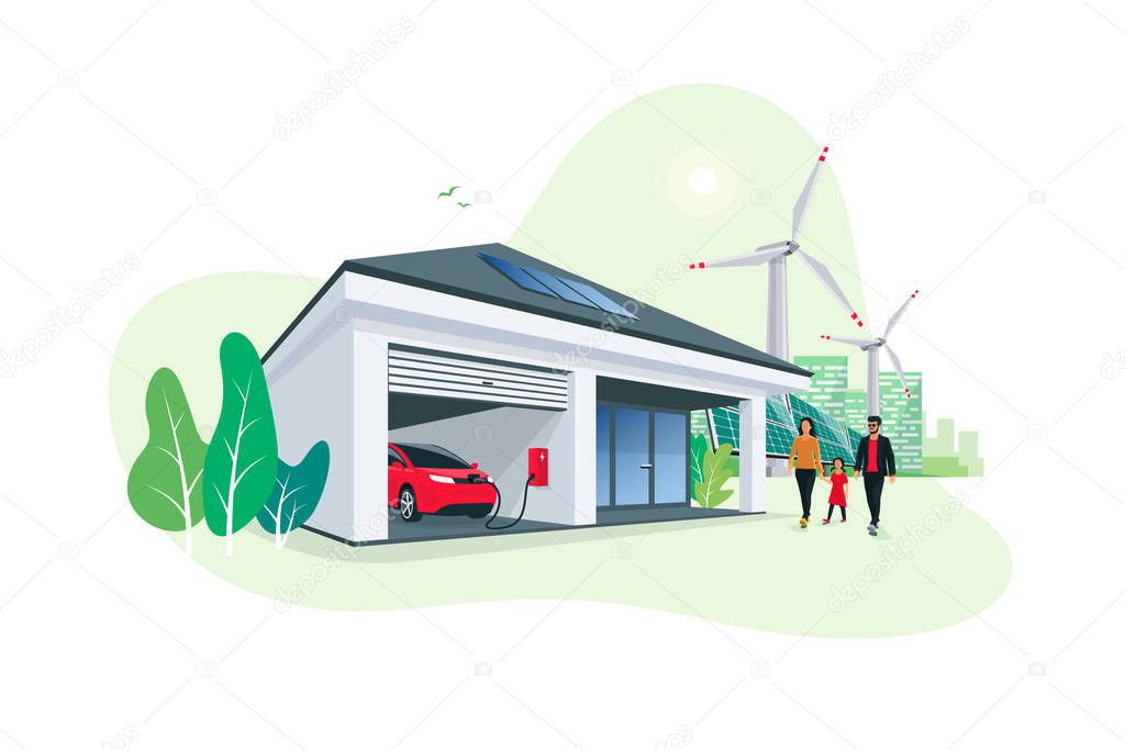 Electric car parking charging at smart house garage wall box charger station stand at family home. Renewable energy solar panels and wind turbines city skyline in background. Vector illustration. 