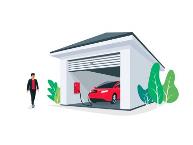 Evdeki garaj kapısı şarj istasyonunda kırmızı elektrikli araba parkı şarj ediliyor. Akıllı pil enerji depolama sistemi. Beyaz arkaplanda izole vektör illüstrasyonu. 