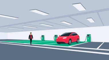 Bodrum katındaki garajda şarj olan elektrikli araba. Şarj istasyonuna bağlı özel otoparkta duran batarya aracı. Vektör illüstrasyonu.