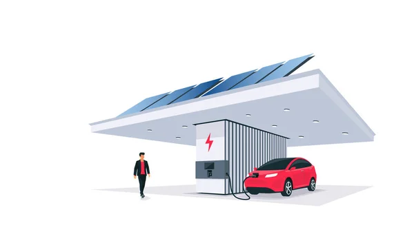 Ηλεκτρική φόρτιση στο χώρο στάθμευσης έξυπνων σύγχρονων φορτιστών. Ανανεώσιμες πηγές ενέργειας με ηλιακούς συλλέκτες και ορίζοντα πόλης Βιώσιμες οικολογικές μελλοντικές μεταφορές. Μεμονωμένη διανυσματική απεικόνιση σε λευκό φόντο. — Διανυσματικό Αρχείο