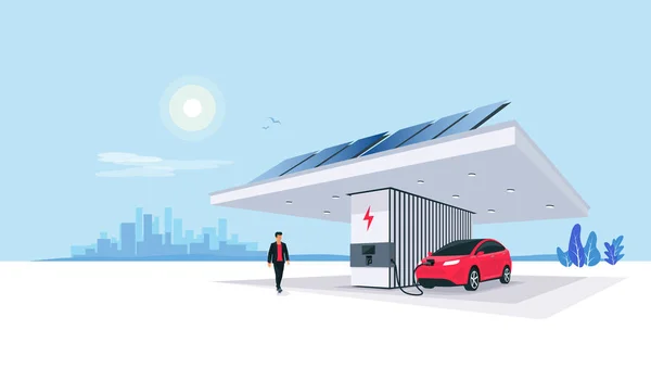 Elektrische auto parkeren opladen bij slimme moderne lader station. Hernieuwbare energieopslagstand met zonnepanelen en skyline op de achtergrond. Duurzaam eco-toekomstig vervoer. Vectorillustratie. — Stockvector
