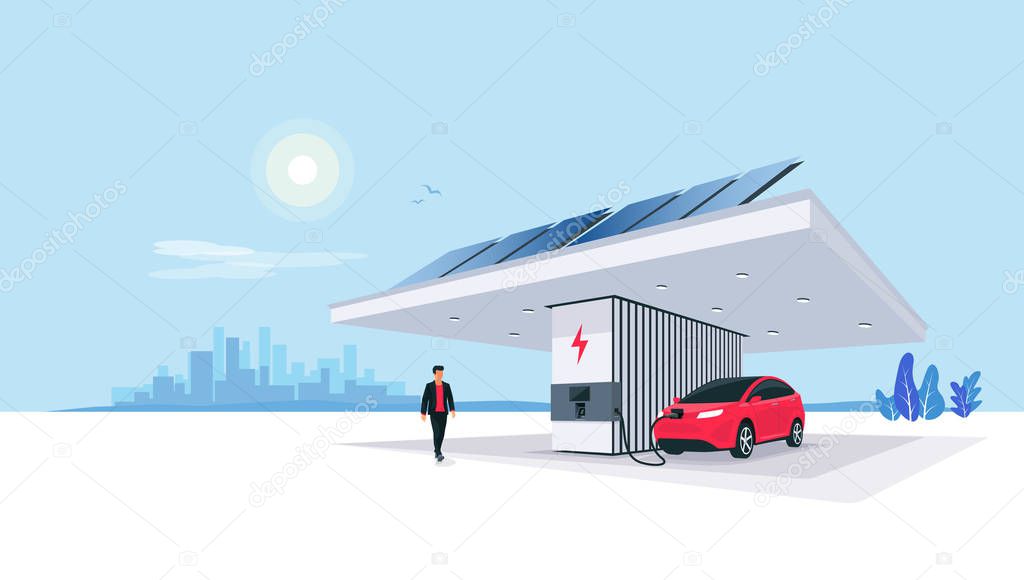 Electric car parking charging at smart modern charger station. Renewable energy storage stand with solar panels and city skyline in background. Sustainable eco future transport. Vector illustration.