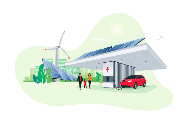 Электрическая парковка заряжается на современной зарядной станции. Возобновляемые источники энергии стенд с солнечными панелями ветрогенераторов и городского горизонта в фоновом режиме. Транспортный вектор устойчивого экологического будущего
.