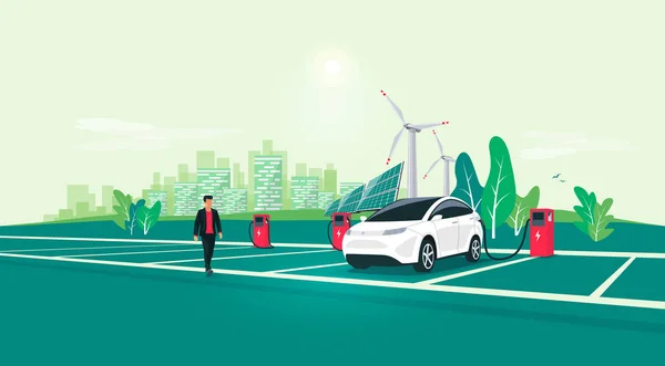 Carica auto elettrica sulla stazione di ricarica sulla strada di area di riposo per la città. Veicolo a batteria in piedi su parcheggio dedicato. Illustrazione vettoriale con pannelli eolici rinnovabili sostenibili . — Vettoriale Stock