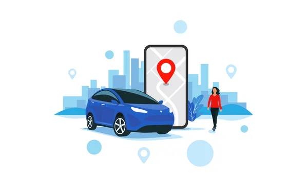 Vector illustratie van autonome online auto delen dienst bestuurd via smartphone app. Telefoon met locatiemarkering en smart car met moderne skyline. Afzonderlijk aangesloten parkeerplaats voor voertuigen. — Stockvector