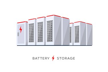 Yenilenebilir elektrik santrali üretimi için büyük şarj edilebilir lityum iyonlu enerji depolama durağanlığının vektör çizimi. Beyaz arkaplanda yedek enerji depolama bulutu sistemi.