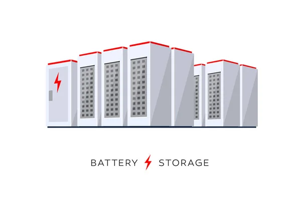 Illustration vectorielle de grandes batteries lithium-ion rechargeables stationnaires pour la production de centrales électriques renouvelables. Système de stockage d'énergie de secours sur fond blanc . — Image vectorielle