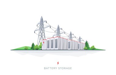 Yenilenebilir elektrik üretiminden büyük şarj edilebilir enerji deposu. Beyaz arka planda yüksek voltajlı elektrik iletimi olan yedek sistem.