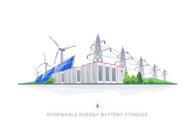 Large rechargeable battery energy storage with renewable electric power generation. Backup system with solar panels, wind turbines, high voltage electricity power transmission on white background. clipart