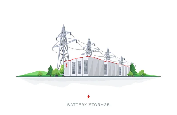 Grande batterie rechargeable stockage d'énergie à partir de la production d'électricité renouvelable. Système de sauvegarde avec transmission d'électricité haute tension sur fond blanc . — Image vectorielle