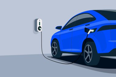 Yeraltı garajında şarj edilen elektrikli araba şarj istasyonuna takıldı. Batarya EV aracı duvar kutusuna bağlı. Güç kaynağı soketi ile yüklenen vektörü kapat. 