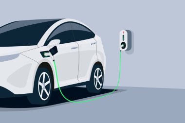 Yeraltı garajında şarj edilen elektrikli araba şarj istasyonuna takıldı. Batarya EV aracı duvar kutusuna bağlı. Güç kaynağı soketi ile yüklenen vektörü kapat. 