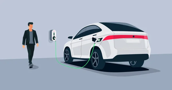 Ladestation für Elektroautos in der Tiefgarage Vektor Illustration Batterie ev Fahrzeug stehen Parkplatz mit Wallbox verbunden. Fahrzeug wird mit Steckdose aufgeladen. — Stockvektor