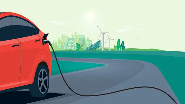 Electric car charging on city street skyline. Vector illustration battery EV vehicle plugged and getting electricity from renewable power generations solar panel, wind turbine. Vehicle being charged. — ストックベクタ