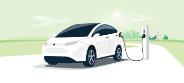 Electric car on charging station with green city street skyline. Battery EV vehicle plugged and getting electricity from renewable power generations solar panel, wind turbine. Vehicle being charged.