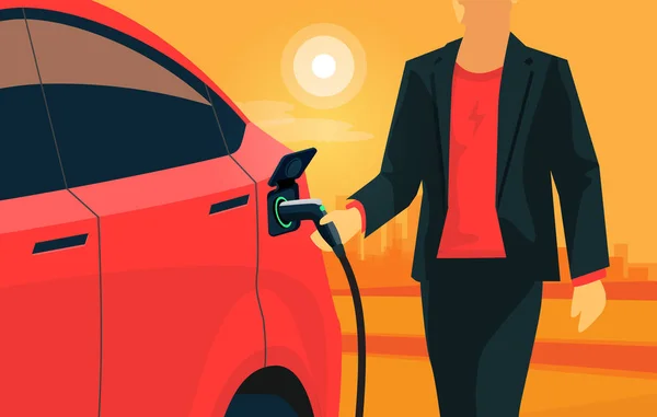 Elektrisk bil laddning på orange stadsgata skyline landskap. Vektor illustration av man hand hålla laddare plugg kabel ansluten batteri Ev fordon. Modern röd bil debiteras av föraren. — Stock vektor