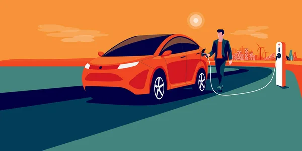Electric car charging on city skyline landscape, renewable power generation solar panel, wind turbine. Vector illustration of man hand holding charger station plug cable plugged in battery EV vehicle. — Stock Vector