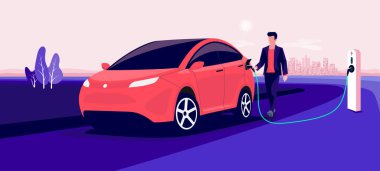 Pembe şehir silueti manzarasında elektrikli araba şarj oluyor. Şarj istasyonunun şarj kablosu şarj aletine takılı olan adamın vektör illüstrasyonu. Modern otomobil sürücü tarafından şarj ediliyor.