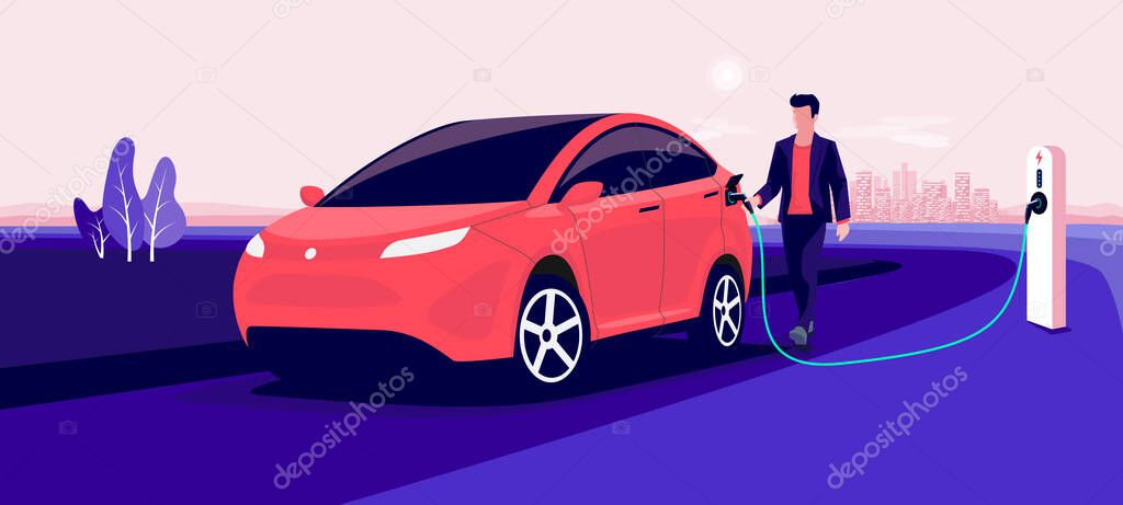 Electric car charging on pink city skyline landscape. Vector illustration of man hand holding charger station plug cable plugged in battery EV vehicle. Modern automobile being charged by driver.