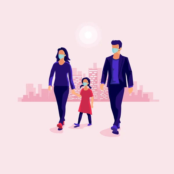 Familia Caminando Usando Protección Mascarilla Médica Para Proteger Contra Virus — Vector de stock